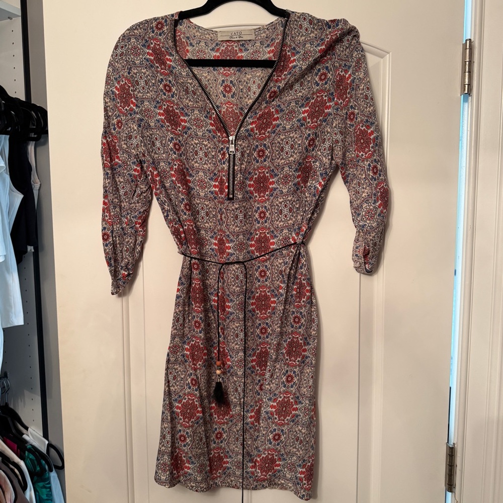 Cato Red and Blue Patterned Long Sleeve Dress